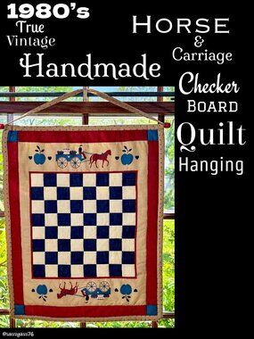 🆕VTG▪️HANDMADE▪️1980's Horse & Carriage Checker Board 21"X17" Quilt Hanging
